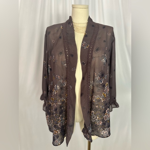 Xhilaration Brown and Yellow Flutter Sleeve Kimono Relaxed Fit (804) - Picture 1 of 14